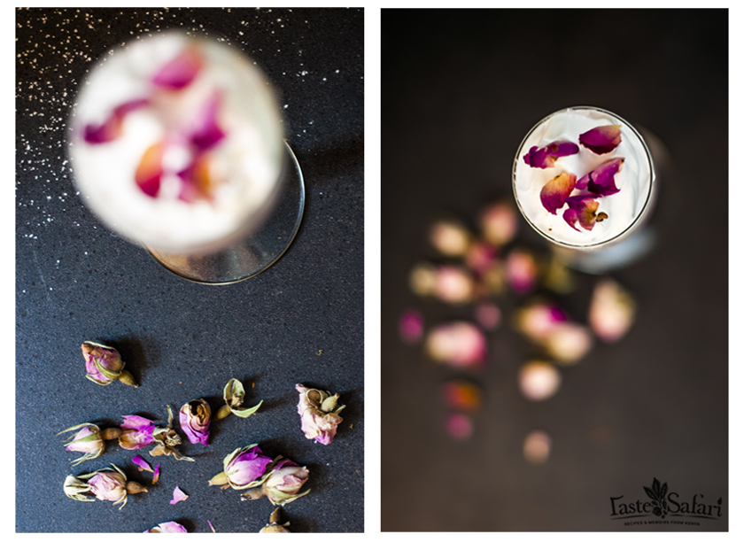 Rose almond mousse topped with dried rose petals, overhead view
