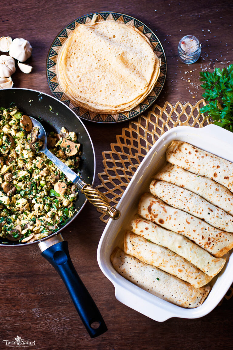 Baked Rolled Pancakes with a Spinach, Ricotta and Mushroom filling